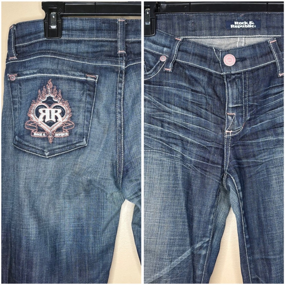 Rock & Republic Kiedis Flaming Hearts Bootcut Jeans 28 Dark Wash Embroidered Y2K